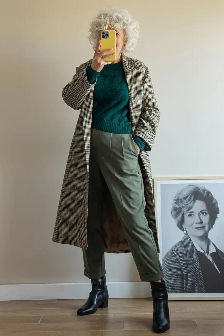 Fall turtleneck outfit for women over 50: green turtleneck under olive coat, mirror selfie