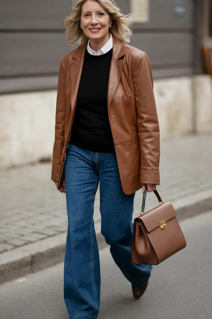 Fall turtleneck outfit for women over 50: black turtleneck with tan leather blazer, wide-leg jeans