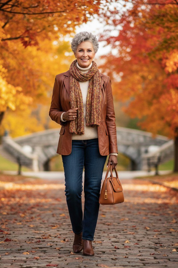 Fall turtleneck outfit for women over 50: brown turtleneck with brown leather jacket, fall foliage street