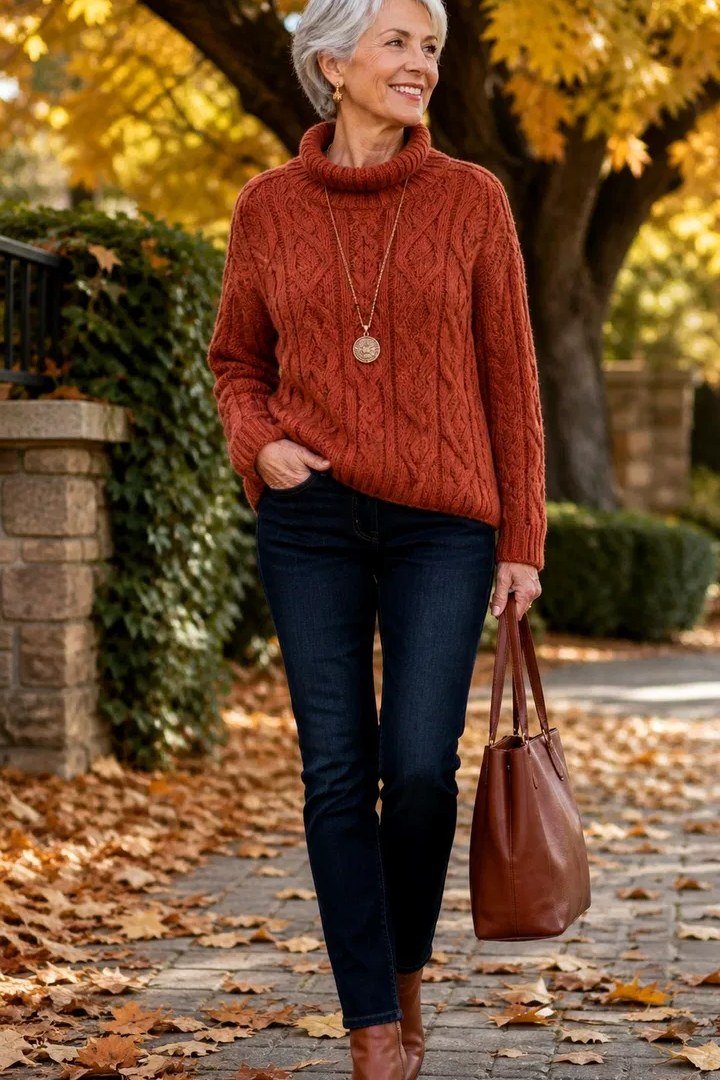 Fall turtleneck outfit for women over 50: rust turtleneck with dark jeans, brown boots, fall street