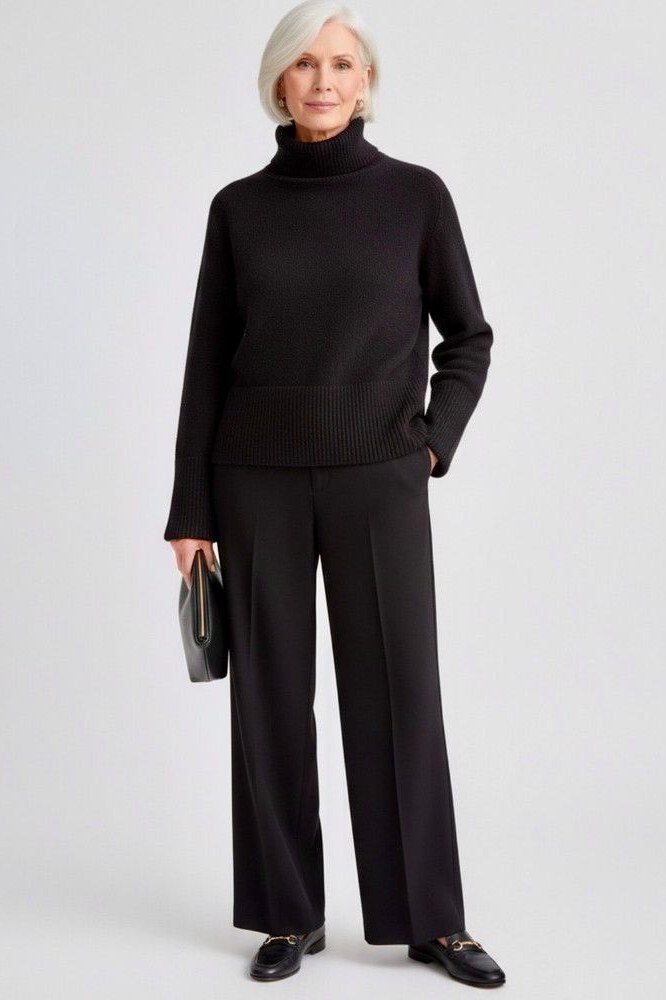 Fall turtleneck outfit for women over 50: black turtleneck with black wide trousers, studio