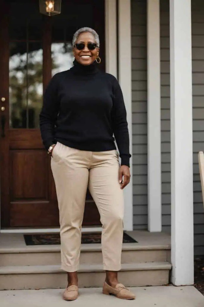 Fall turtleneck outfit for women over 50: black turtleneck with cream chinos, porch steps