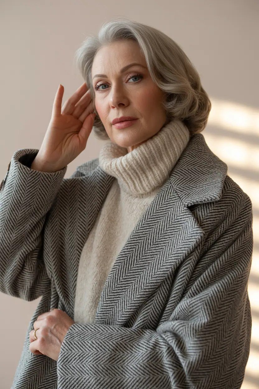 Fall turtleneck outfit for women over 50: cream turtleneck with gray herringbone coat, close-up