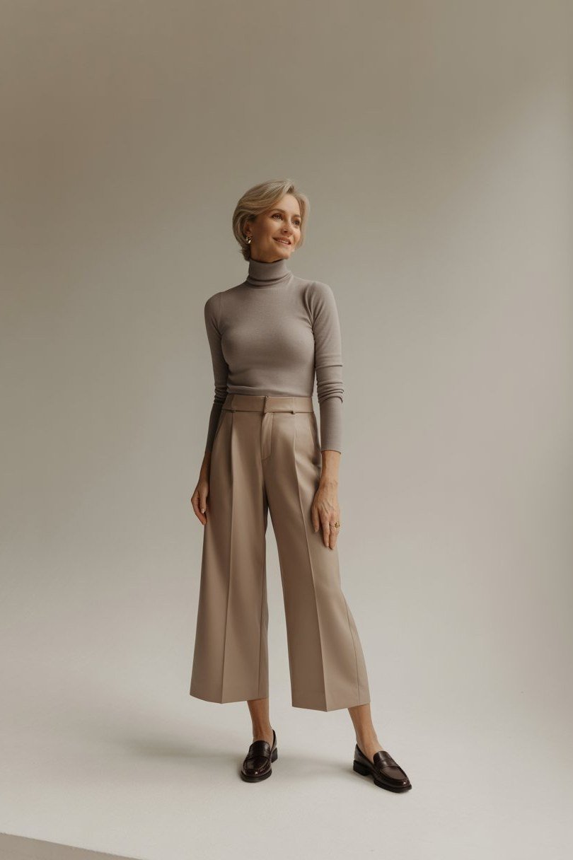 Fall turtleneck outfit for women over 50: taupe turtleneck with wide tan trousers and loafers, studio