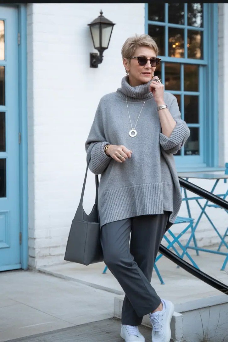 Fall turtleneck outfit for women over 50: gray cowl-neck turtleneck with gray trousers, porch
