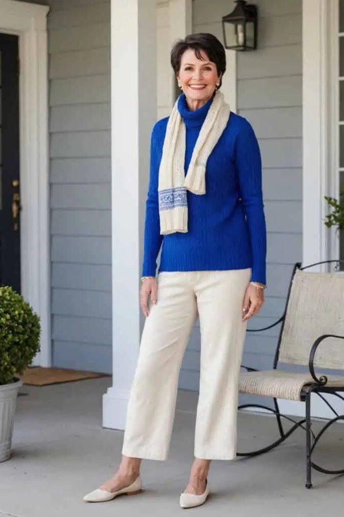 Fall turtleneck outfit for women over 50: royal blue turtleneck with white scarf, cream pants, porch