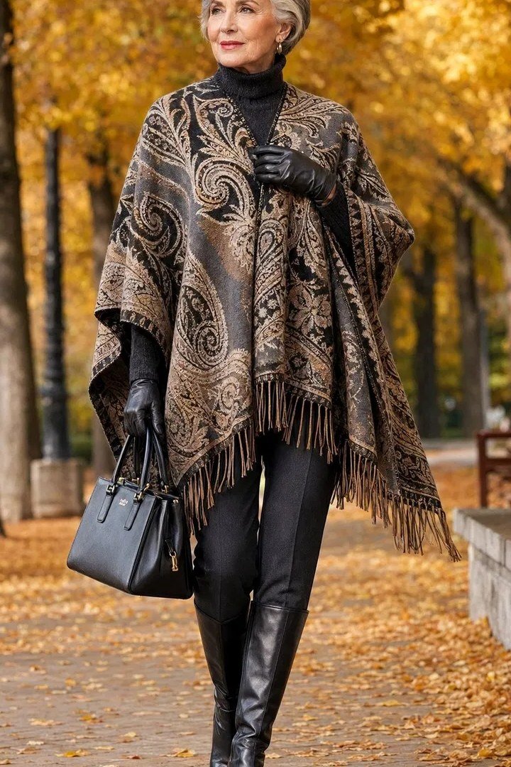 Fall turtleneck outfit for women over 50: black turtleneck with brown patterned poncho, autumn woods