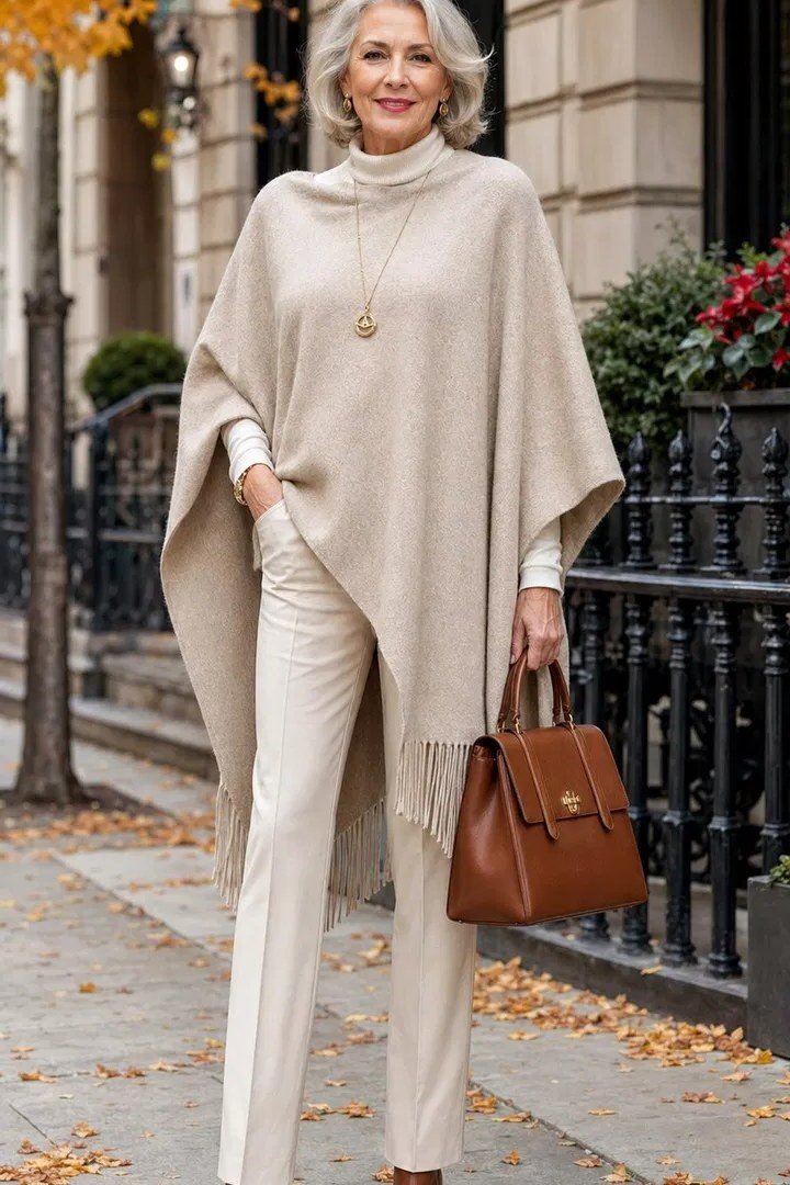 Fall turtleneck outfit for women over 50: black turtleneck with cream fringed wrap, walking