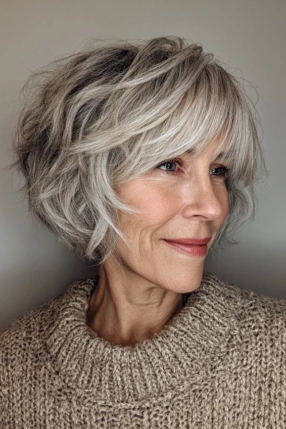 Gray Shaggy Bob with Full Bangs - textured shaggy bob hairstyle for women over 60