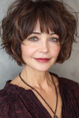 Dark Brunette Shaggy Bob with Bangs - textured shaggy bob hairstyle for women over 60