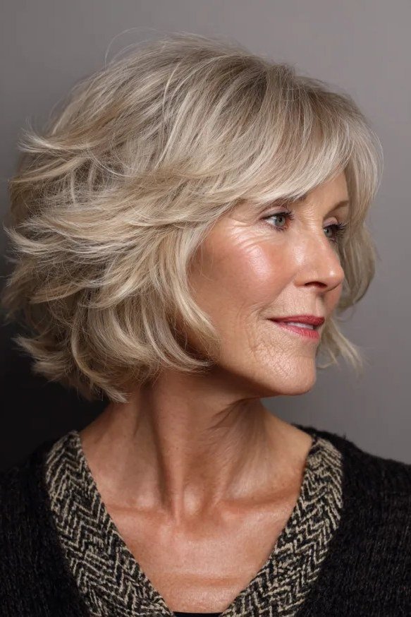 Honey Blonde Shaggy Bob - textured shaggy bob hairstyle for women over 60