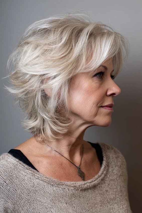 Airy White Shaggy Bob - textured shaggy bob hairstyle for women over 60