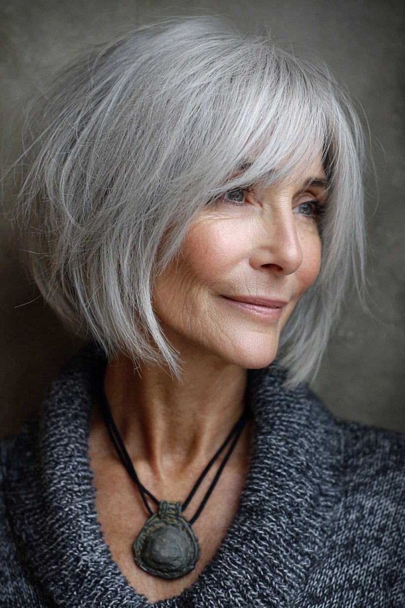 Side-Parted Silver Shaggy Bob - textured shaggy bob hairstyle for women over 60