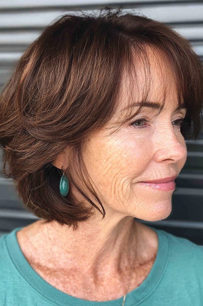 Chocolate Brown Shaggy Bob - textured shaggy bob hairstyle for women over 60