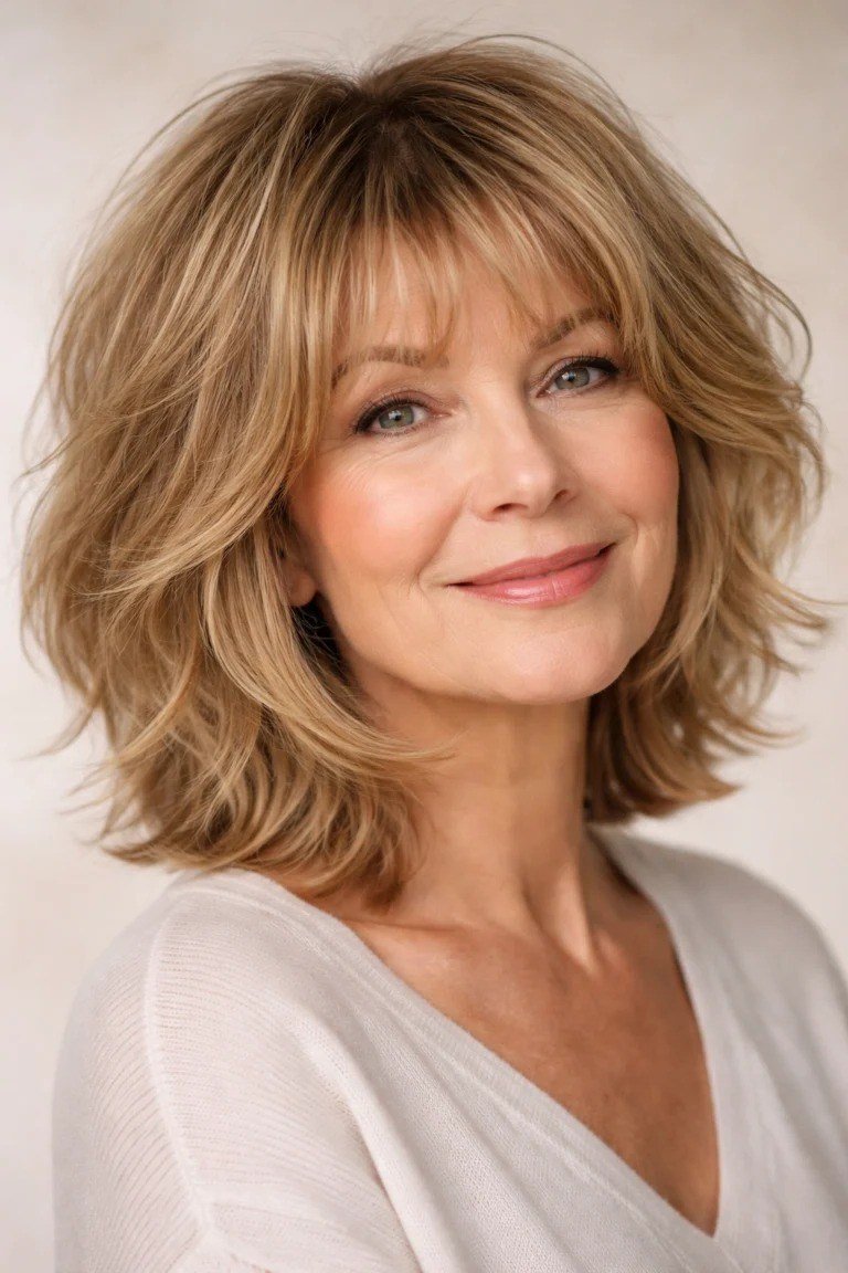 Warm Honey Blonde Shaggy Bob - textured shaggy bob hairstyle for women over 60
