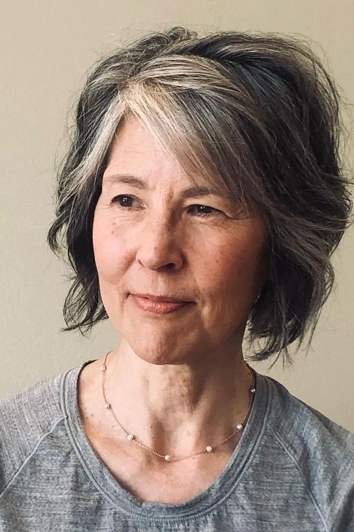 Peppered Gray Shaggy Bob - textured shaggy bob hairstyle for women over 60