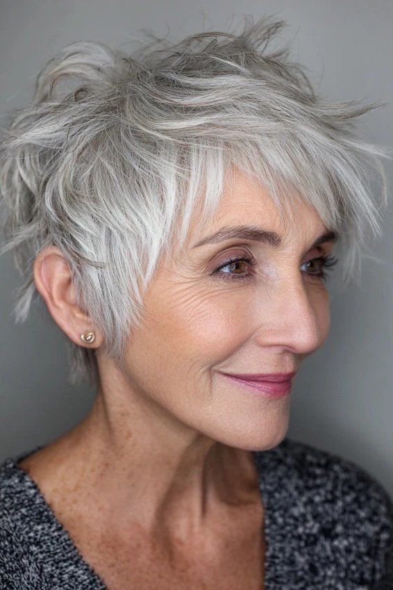 Cropped Silver Pixie Bob - textured shaggy bob hairstyle for women over 60