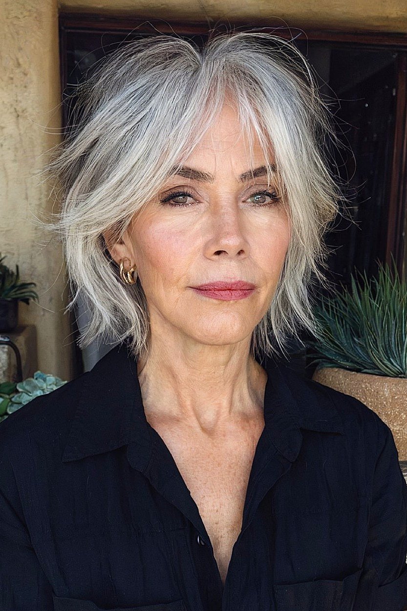 Modern Silver Shaggy Bob - textured shaggy bob hairstyle for women over 60