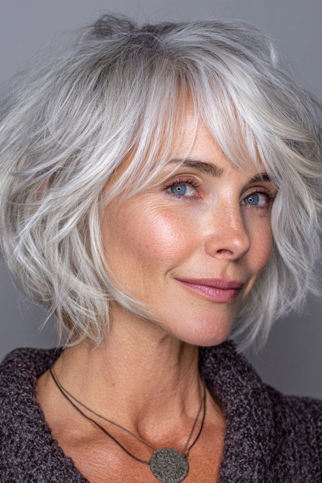 Silver Textured Shaggy Bob - textured shaggy bob hairstyle for women over 60