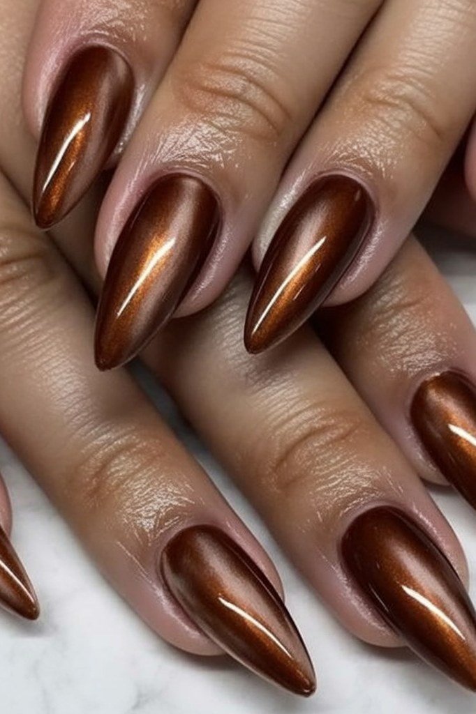 Chocolate brown cat eye, long stiletto - nail ideas for women over 40