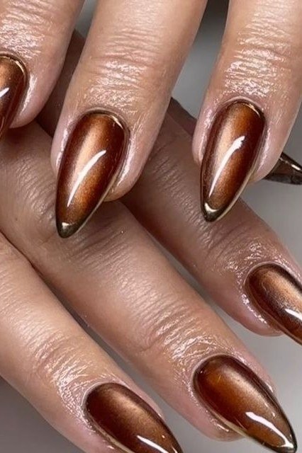 Chocolate brown velvet cat eye, long almond, glossy - nail ideas for women over 40