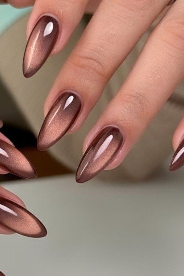 Plum mauve velvet cat eye ombre, long almond - nail ideas for women over 40