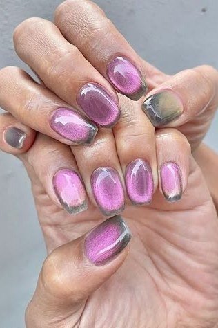Purple mauve velvet cat eye, almond - nail ideas for women over 40