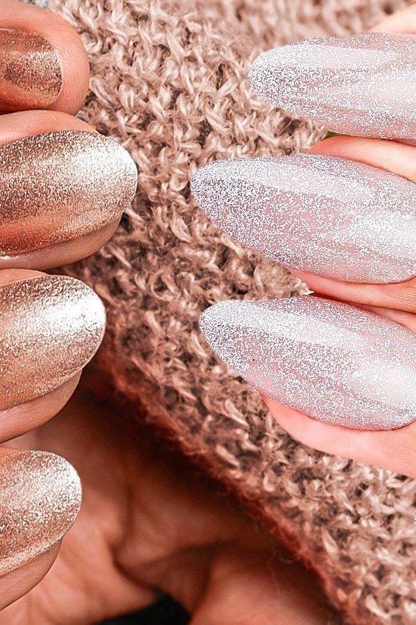Champagne rose gold velvet cat eye, almond - nail ideas for women over 40