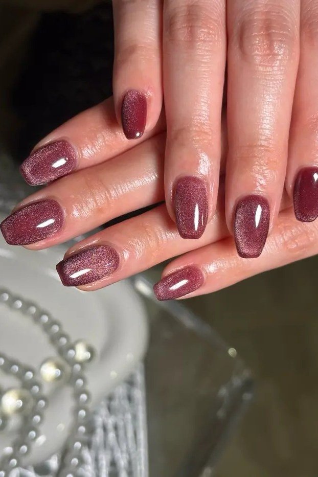 Mauve plum velvet almond, soft magnetic shimmer - nail ideas for women over 40