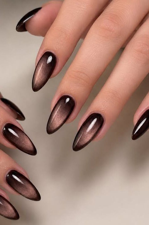 Black-brown velvet almond, subtle cat eye glow - nail ideas for women over 40