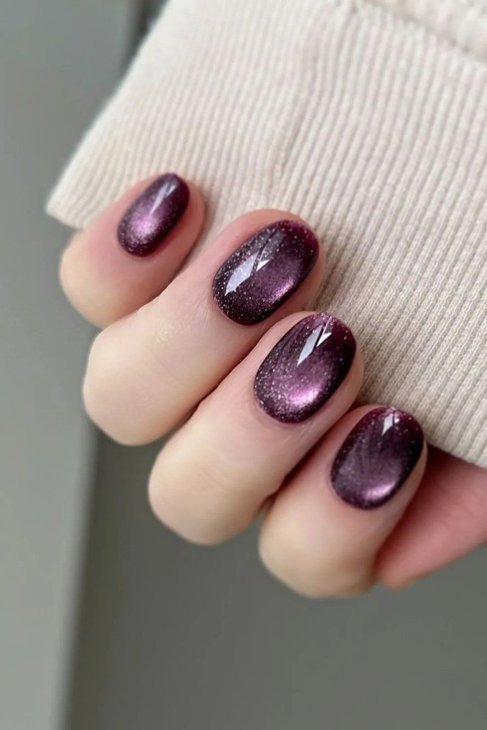 Grape purple velvet short nails, magnetic shimmer - nail ideas for women over 40