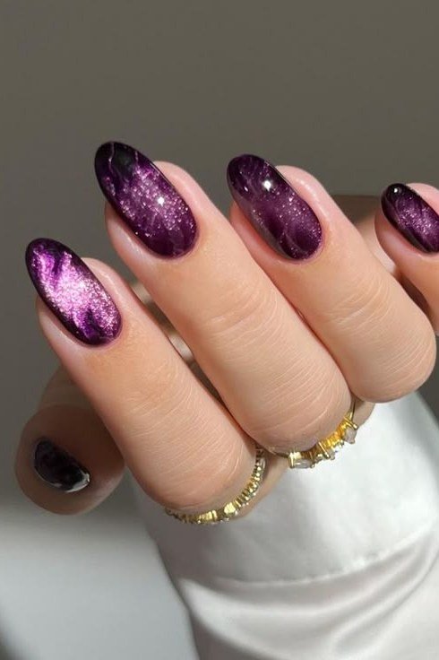 Violet velvet glitter stiletto, sparkling finish - nail ideas for women over 40