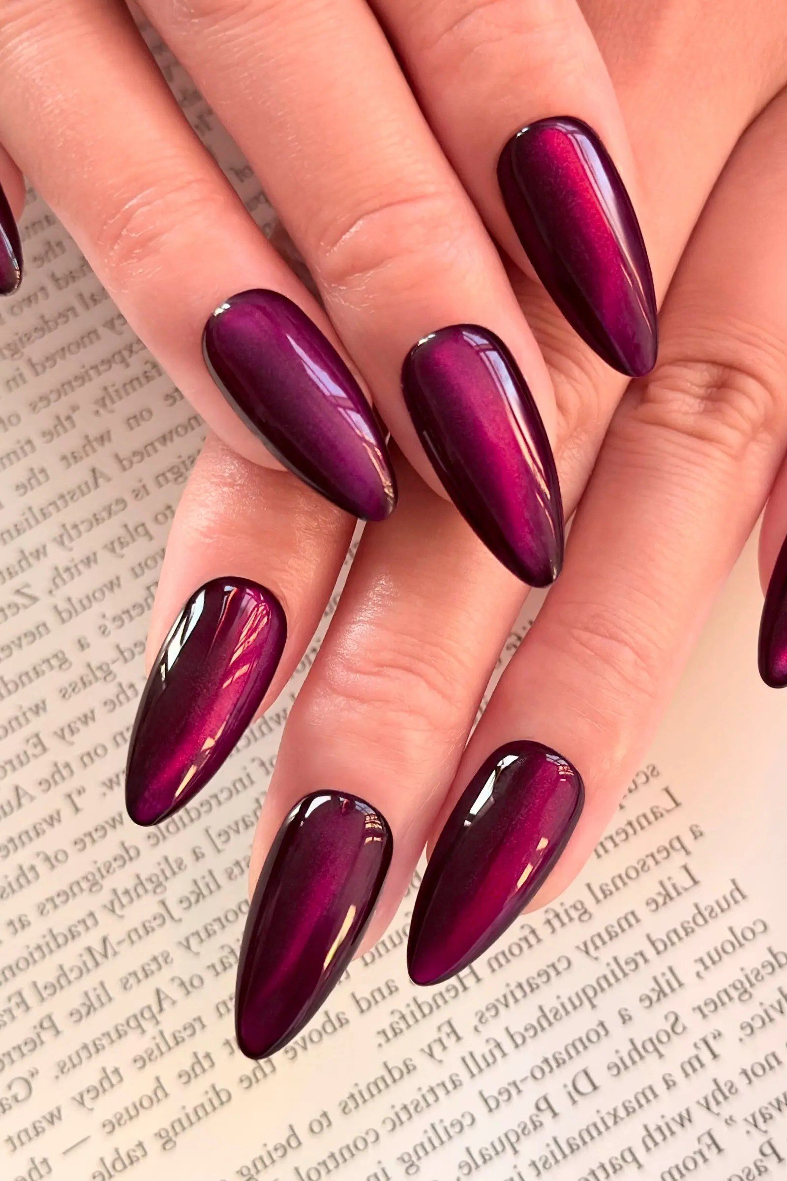 Black cherry velvet long almond, glossy - nail ideas for women over 40