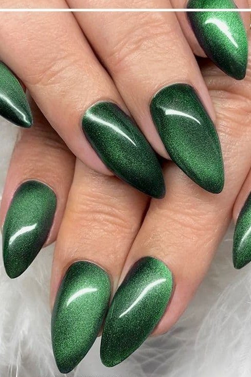 Green cat eye velvet almond, vivid shimmer - nail ideas for women over 40