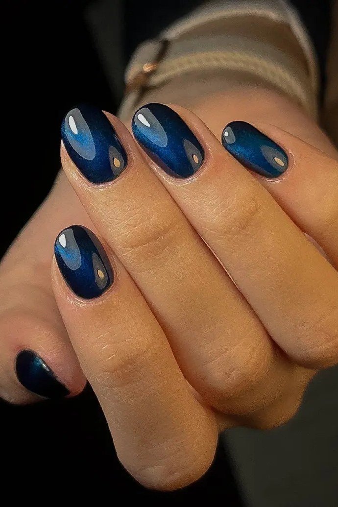 Navy blue velvet short oval, glossy - nail ideas for women over 40