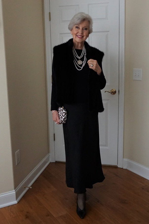 Black Velvet Blazer with a Long Black Skirt - velvet evening outfit for women over 60