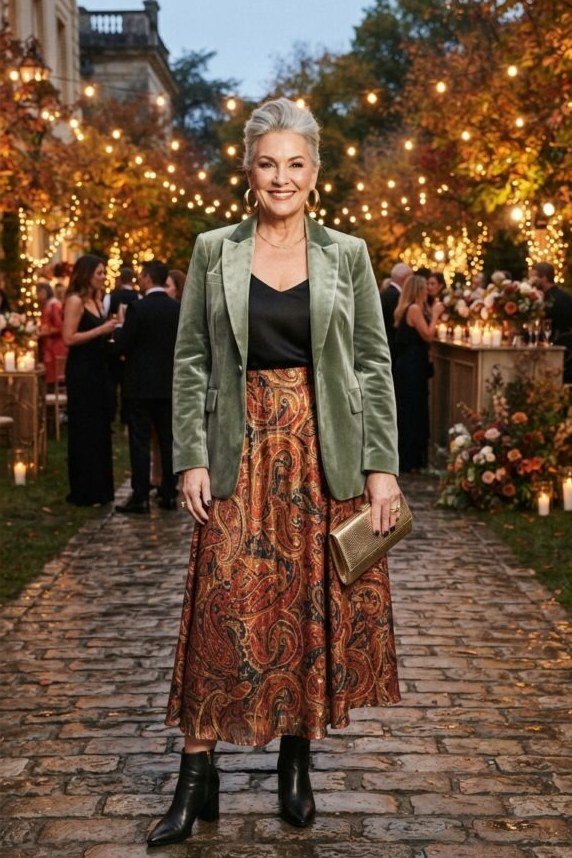 Olive Velvet Blazer with a Paisley Maxi Skirt - velvet evening outfit for women over 60