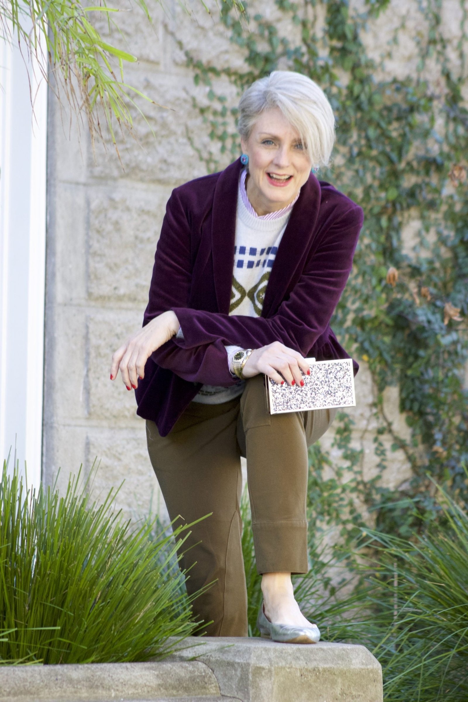 Plum Velvet Blazer with Cropped Trousers - velvet evening outfit for women over 60