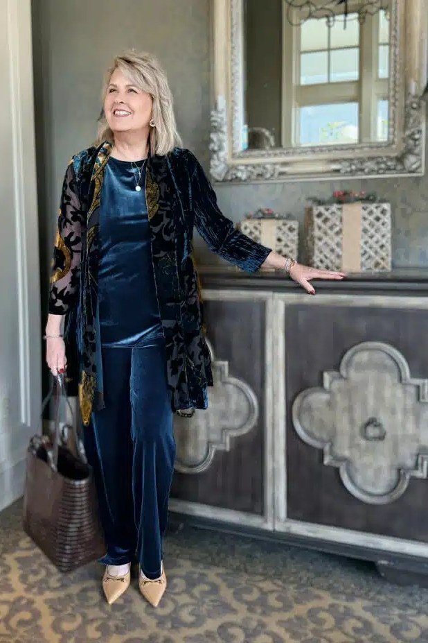 Navy Velvet Longline Jacket with Satin Blouse - velvet evening outfit for women over 60
