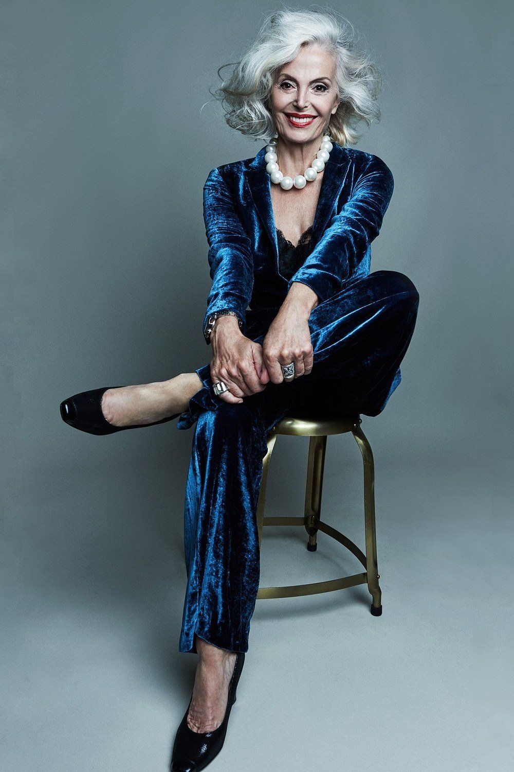 Cobalt Velvet Suit with Chunky Pearls - velvet evening outfit for women over 60
