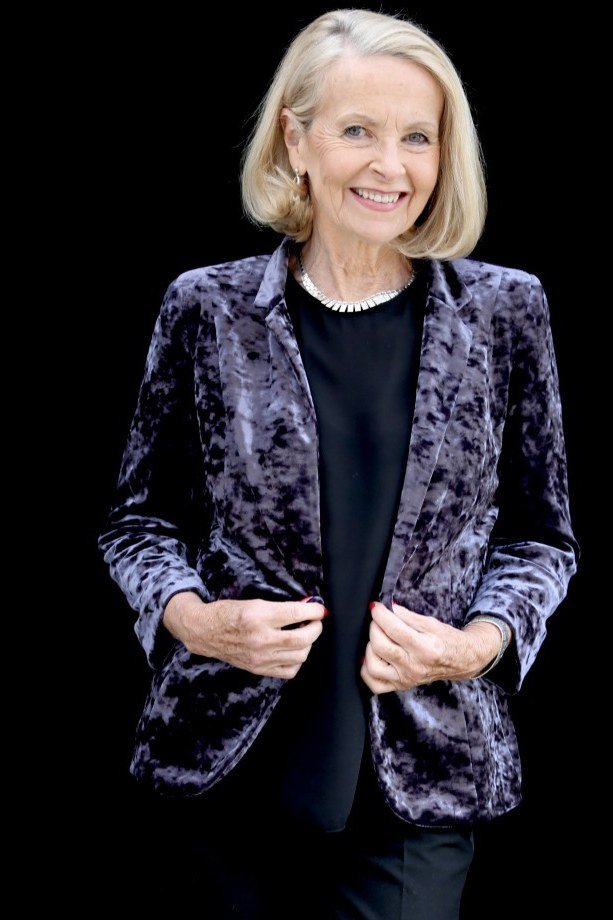 Purple Crushed Velvet Blazer Over Black - velvet evening outfit for women over 60