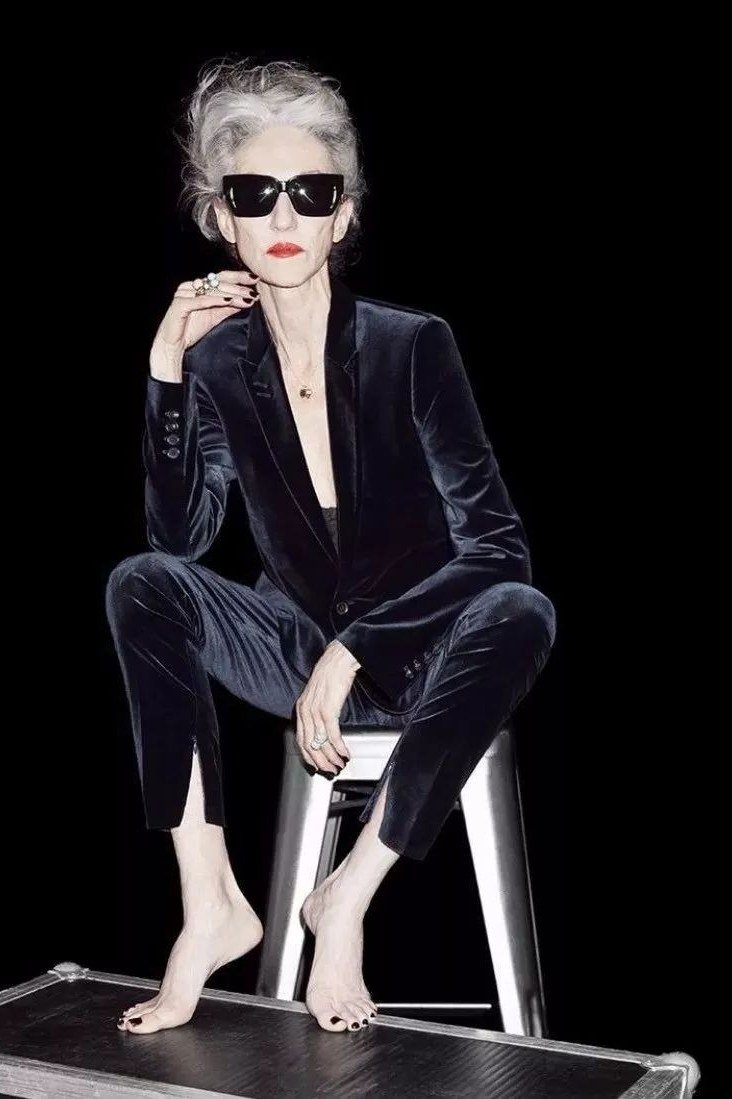 Black Velvet Suit with Bold Sunglasses - velvet evening outfit for women over 60