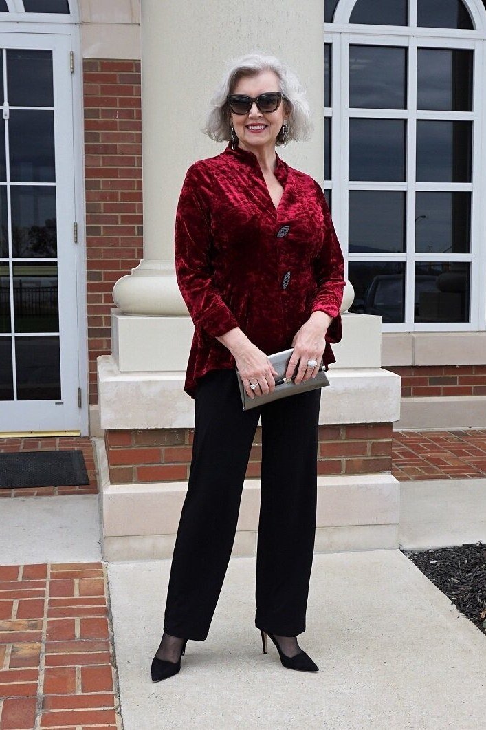 Red Velvet Peplum Top with Black Trousers - velvet evening outfit for women over 60