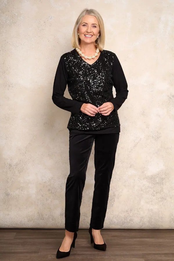 Black Sequin Velvet Top with Velvet Trousers - velvet evening outfit for women over 60