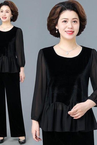 Black Velvet Peplum With Sheer Sleeves - velvet evening outfit for women over 60
