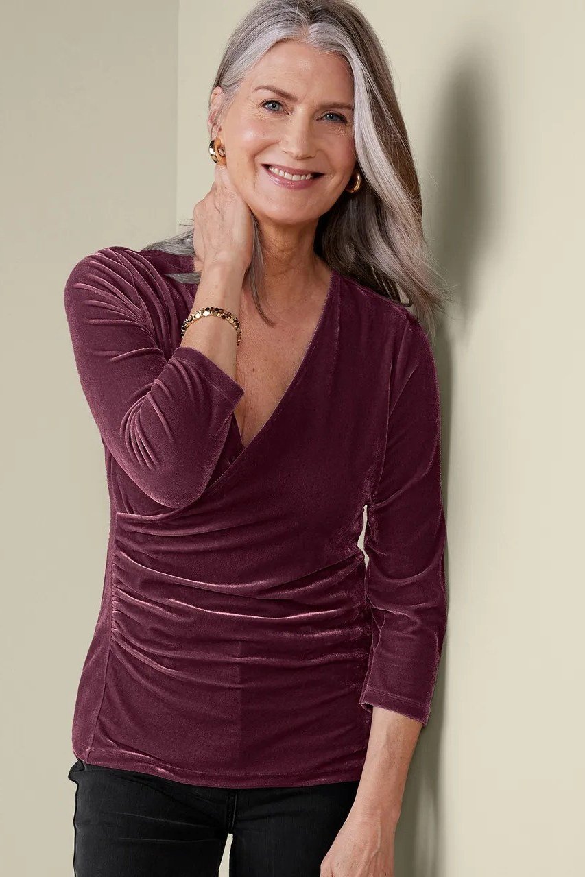 Wine Ruched Velvet Wrap Top - velvet evening outfit for women over 60