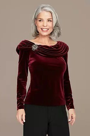 Burgundy Cowl Neck With Brooch - velvet evening outfit for women over 60