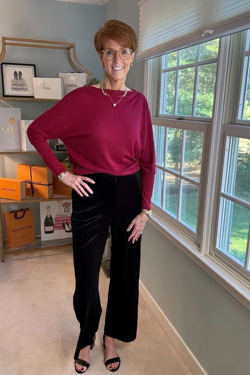 Magenta Velvet Top With Black Wide Legs - velvet evening outfit for women over 60