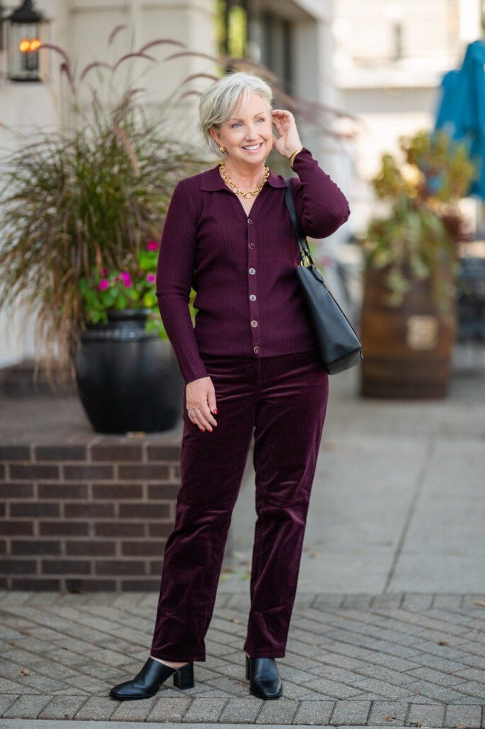 Plum Velvet Button Shirt Set - velvet evening outfit for women over 60