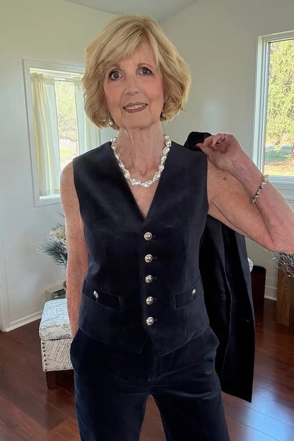 Navy Velvet Button Vest Suit - velvet evening outfit for women over 60